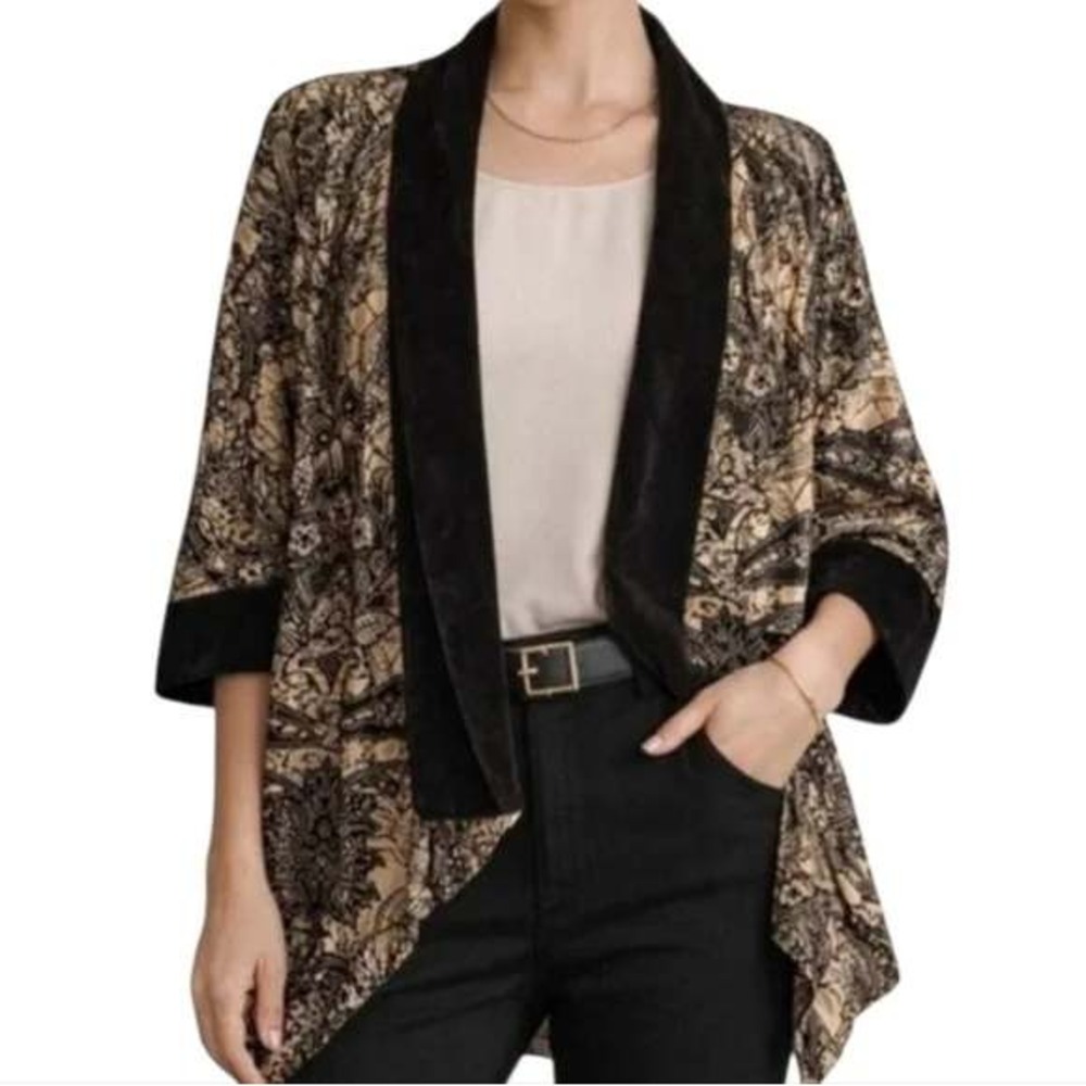 Chico's Travelers Gold Black Velvet Burnout Paisley Open Kimono Cardigan Size 1